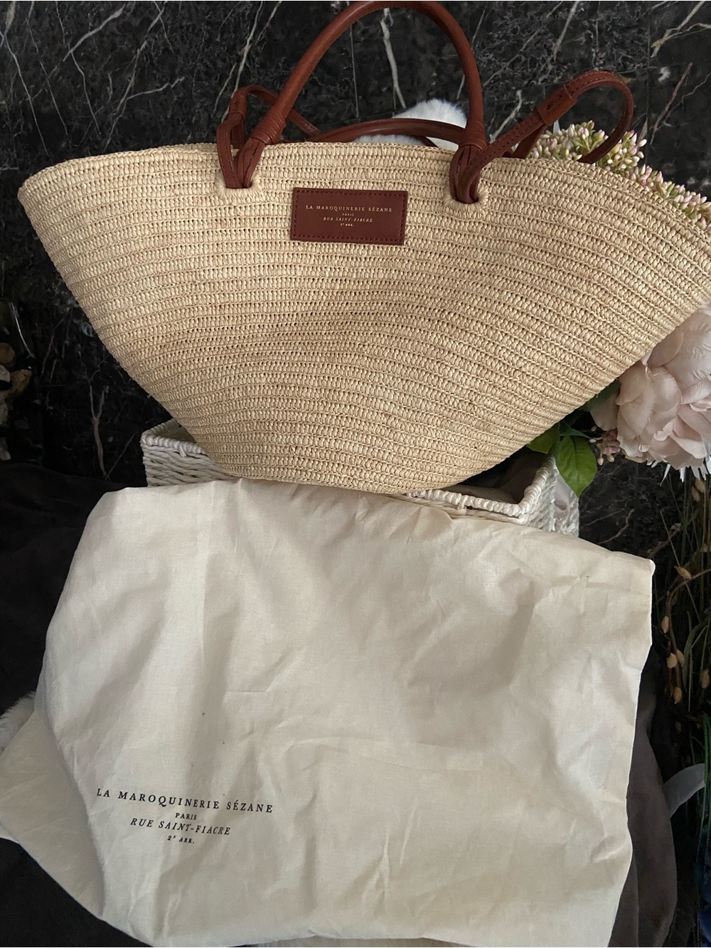SEZANE Justine Raffia Basket Bag With Leather Handles ⚜️ - Picture 12 of 12